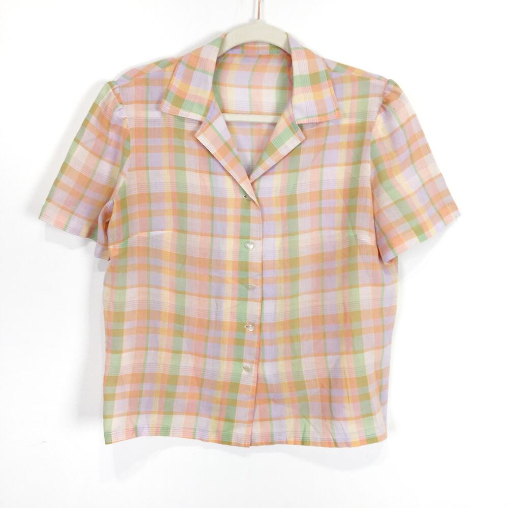 Vintage women's button down shirt pink green pastel madras plaid Size Small